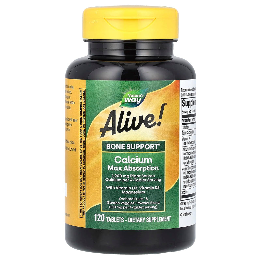 Nature’s Way Alive! Calcium Bone Support Tablets*, Max Absorption Calcium Supplement with Vitamins D3, K2, & Magnesium, Promotes Bone Health and Bone Density*, Gluten Free, 120 Tablets