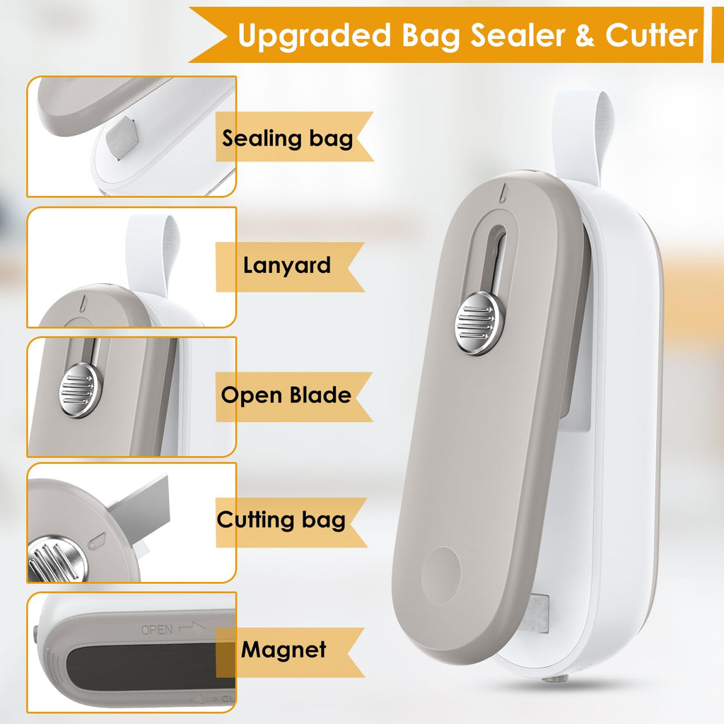 FEPPO Mini Bag Sealer, Bag Sealer with Cutter 2 in 1 Heat Sealer, Portable Chip Sealer Handheld Food Sealer Mini Sealing Machine For Plastic Bags Chip Bags Food Storage (Battery Included)