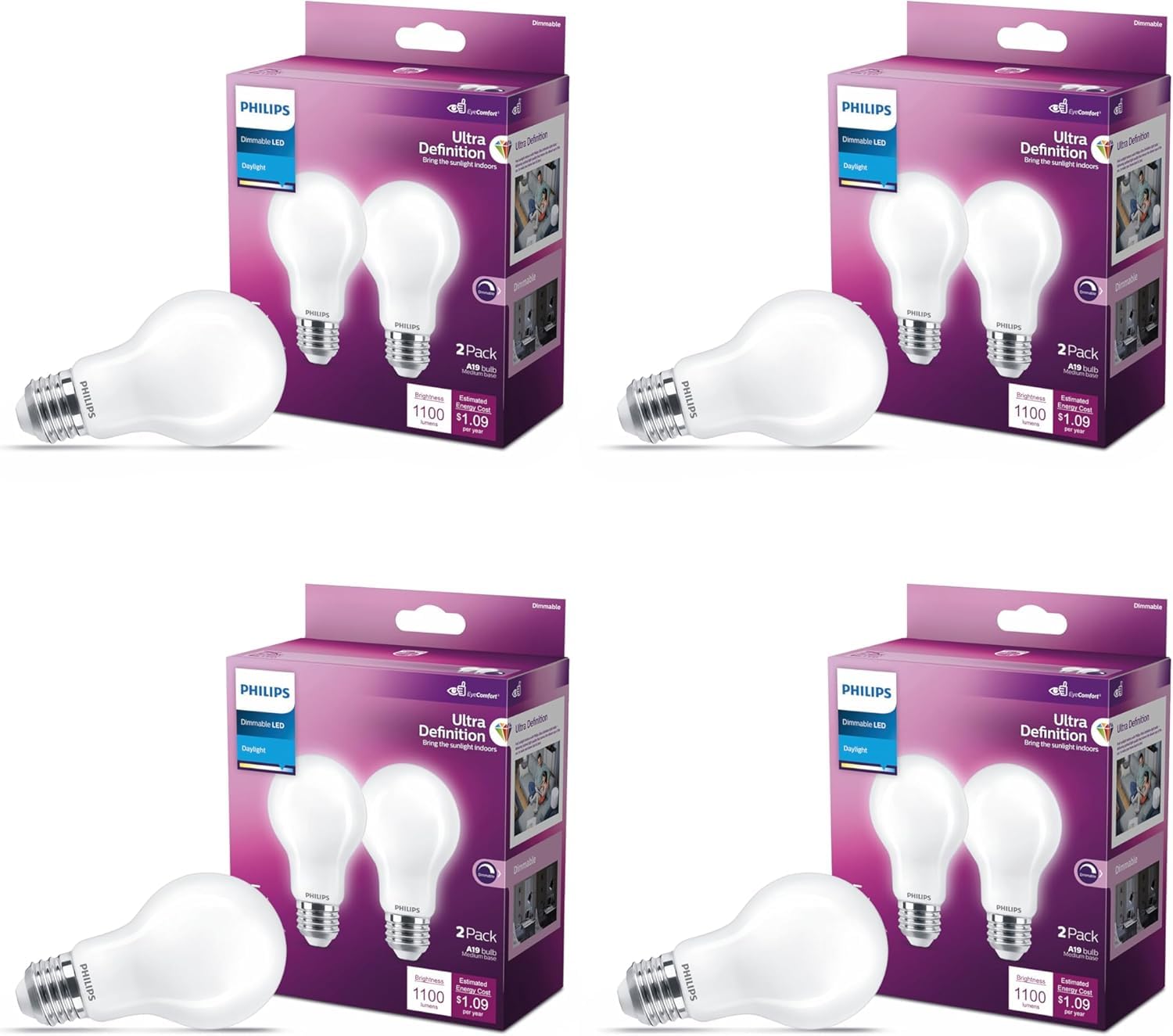 Philips LED 100W A19 4-Pack Ultra Definition Daylight (5000K) 1500 Lumen (11.5W = 100W) Dimmable Frosted Flicker-Free Light Bulbs