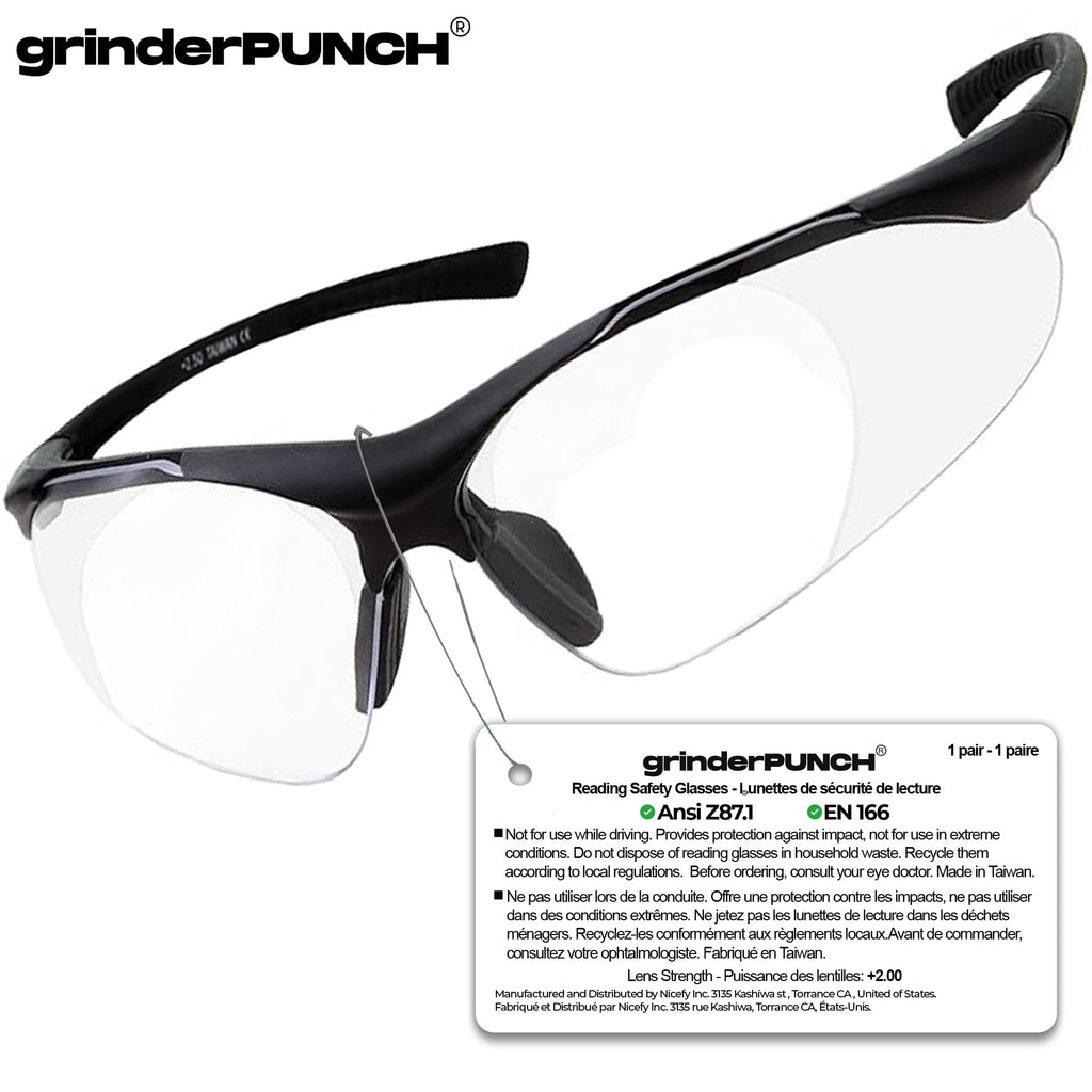 grinderPUNCH Full Lens Magnification Safety Glasses Readers ANSI Z87 Impact Resistant Diopter Magnifying Reading Glasses (+2.00 Diopter)