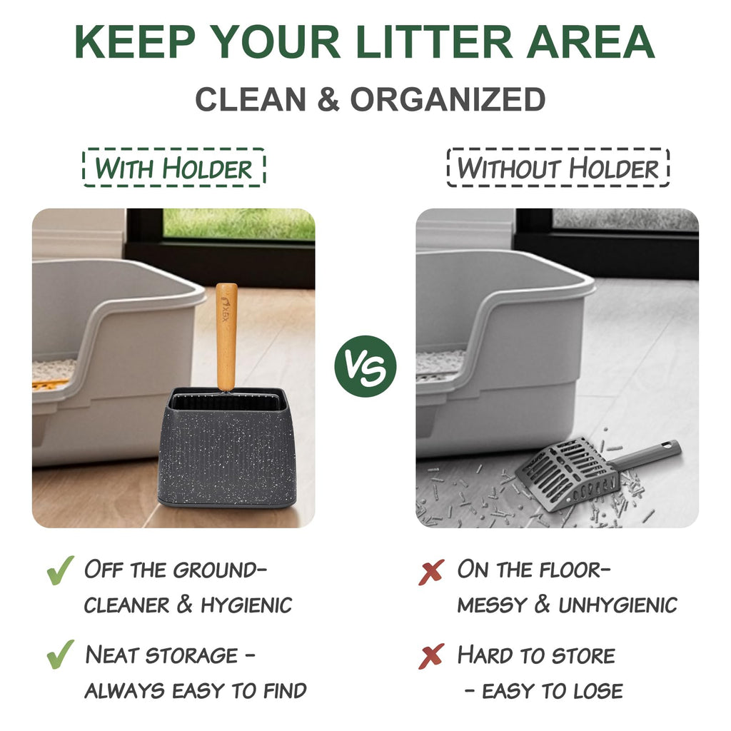 XBX Cat Litter Scoop with Holder, Heavy Duty Litter Sifter, Stainless Steel Litter Shovel, Litter Scooper with Beech Wood Grip and Washable Stand, Perfect for Cat Litter Box Cleaning