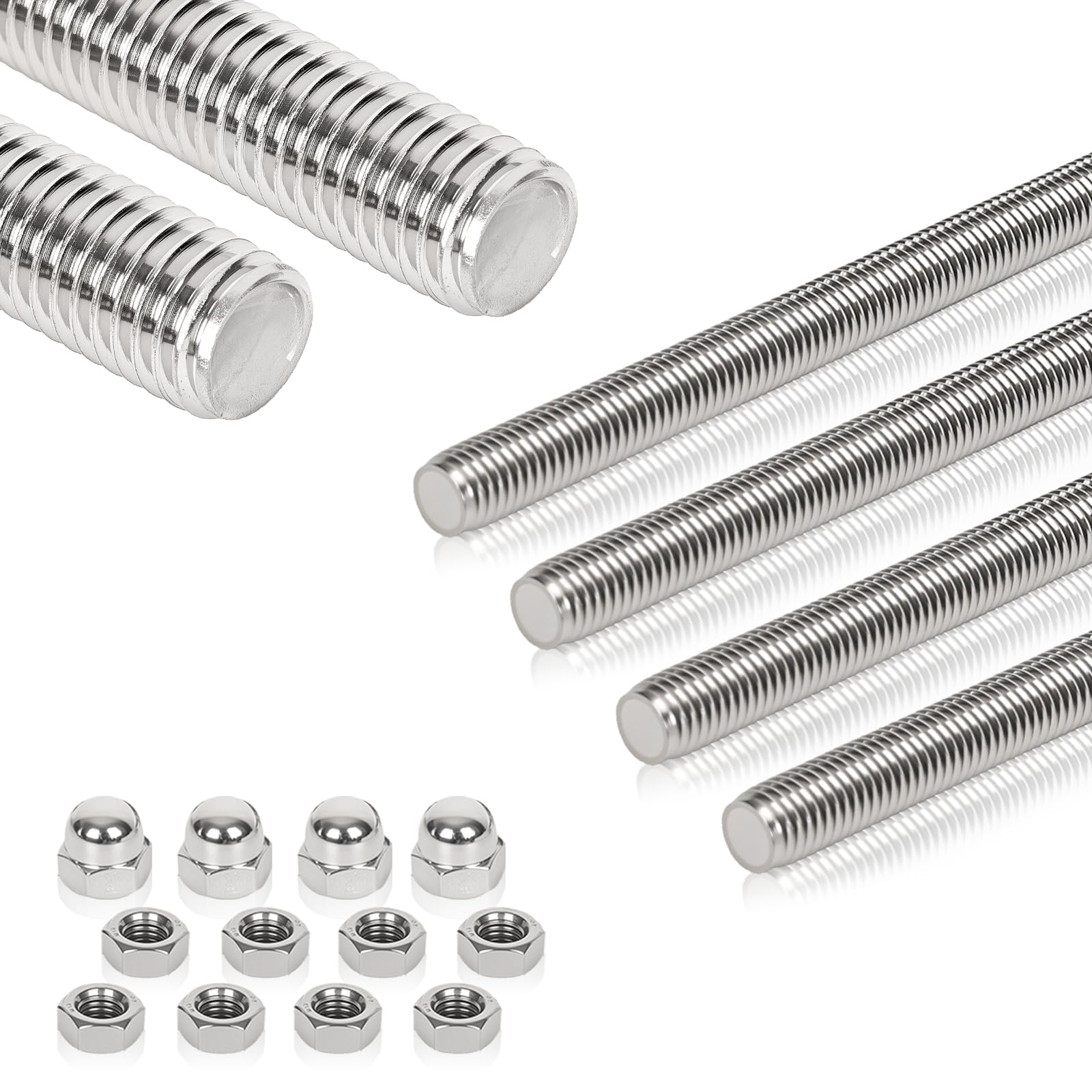 Arwnnklo 4 Pcs 304 Stainless Steel M6 Fully Threaded Rod,14"(360mm) Long Threaded Rod,Right Hand Threads，with Nuts (4, M6x360mm)