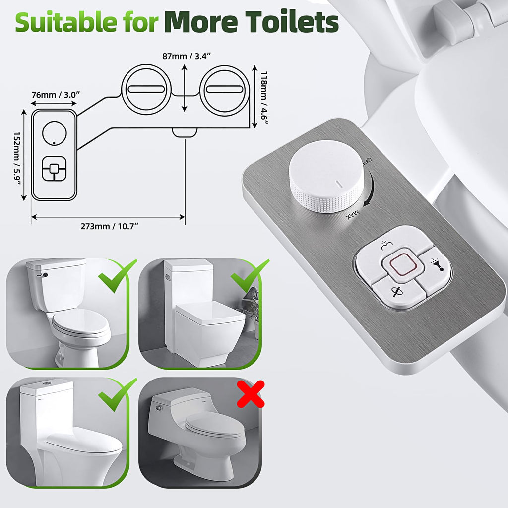 SAMODRA Bidet Attachment, Non-Electric Cold Water Bidet Toilet Seat Attachment with Pressure Controls, Retractable Self-Cleaning Dual Nozzles for Frontal & Rear Wash - Brushed Nickel