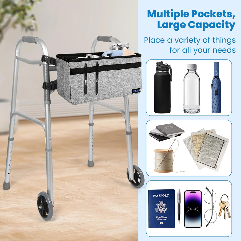 ZHCHG Walker Basket for Seniors, Walker Accessories, Folding Walker Bag with Large Capacity & Never Tipping Over, Best Gift- Gray (Not Fit Rollator Walkers)