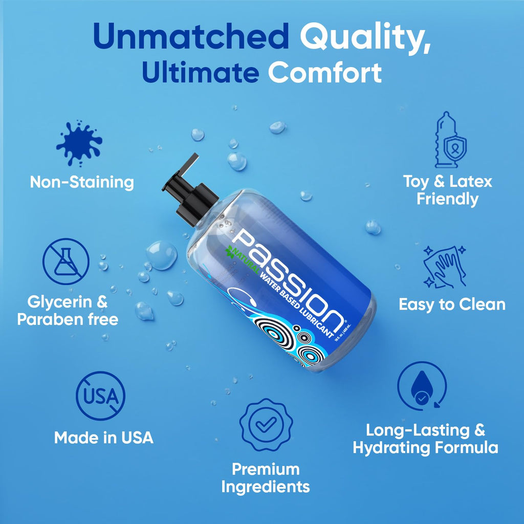 Passion Lube Natural Water-Based Personal Lubricant, 4 Fl Oz – Premium, Non-Sticky, Easy-to-Clean Formula for Smooth, Comfortable Use