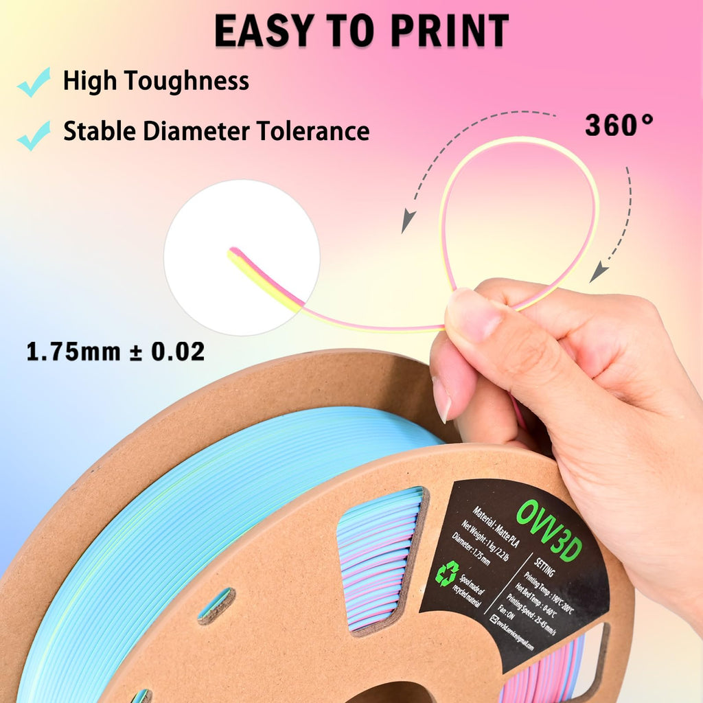 OVV3D Rainbow PLA Filament 1.75mm, Pastel Filament Multicolor Matte PLA 1kg