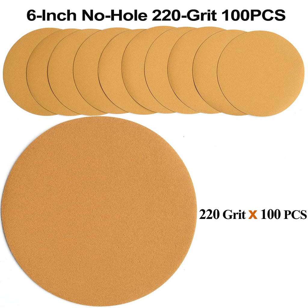 Aiyard 6-Inch No-Hole Hook and Loop Sanding Discs 220-Grit, Random Orbital Sandpaper for Automotive and Woodworking, 100-Pack