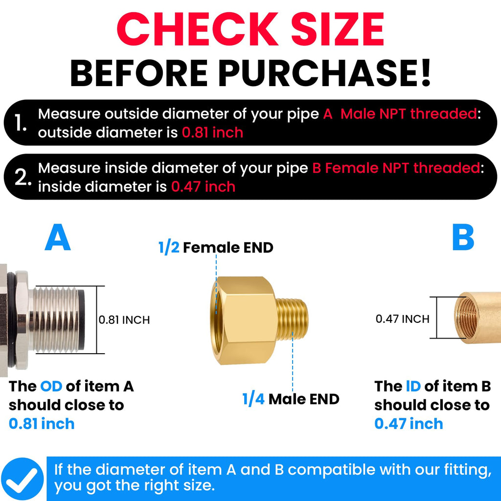 SDTC Tech 2-Pack Brass Pipe Fitting 1/4 NPT Thread Male to 1/2 NPT Thread Female Reducer Adapter, Brass Pipe Extension Connectors