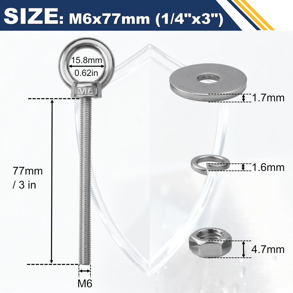 ZYUAROM 12 Pack M6 Stainless Steel Eye Bolts with Nuts, 1/4" x 3" Eye Bolts