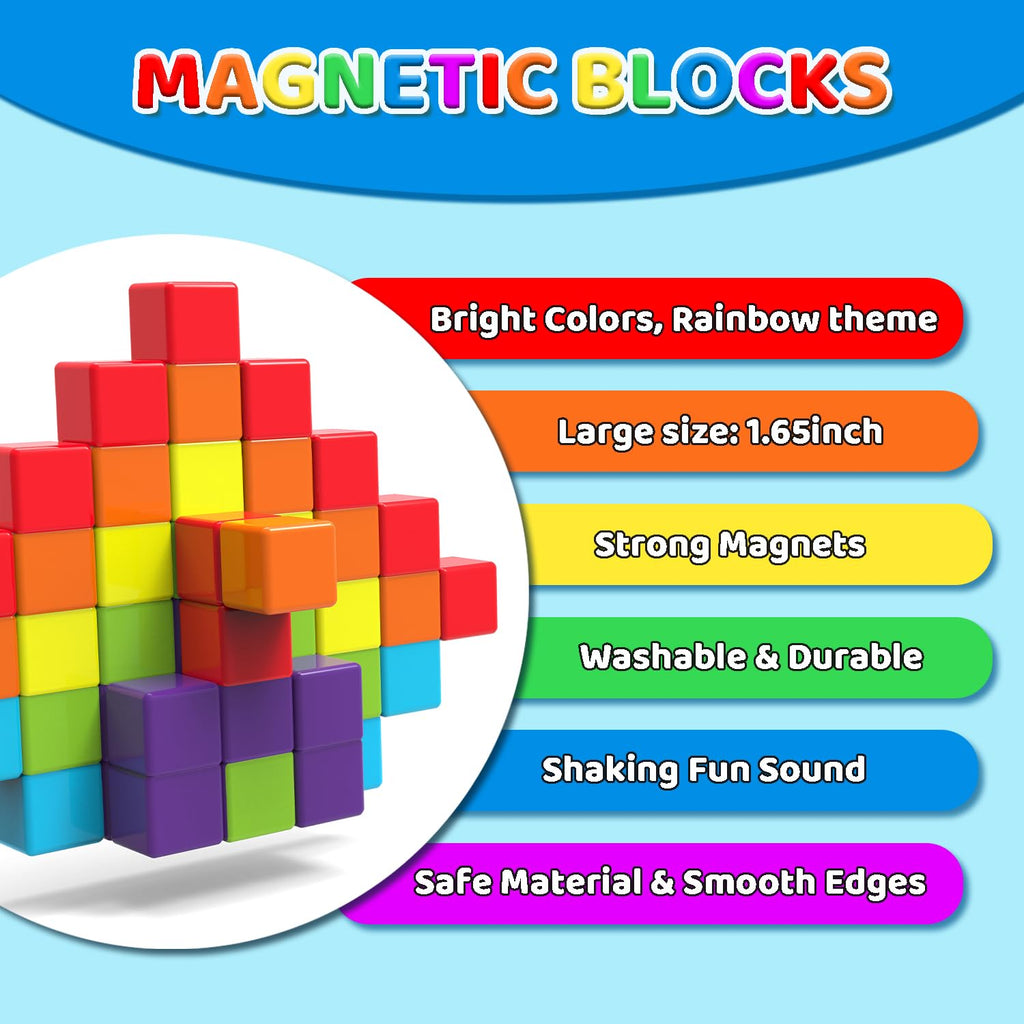 Magnetic Building Blocks, 1.65 inch Large Magnetic Stacking Cubes for Toddlers, Sensory & Montessori Toys for Boys & Girls 1 2 3 Years Old (24 PCS)