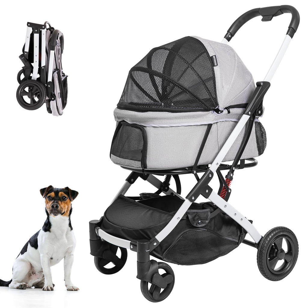 BETSOCCI Pet Stroller for Medium Small Dog & Cat, Foldable Lightweight Dog Stroller with Storage Basket Pet Travel Carriage with Safety Leashes, 4 Wheel, Gray