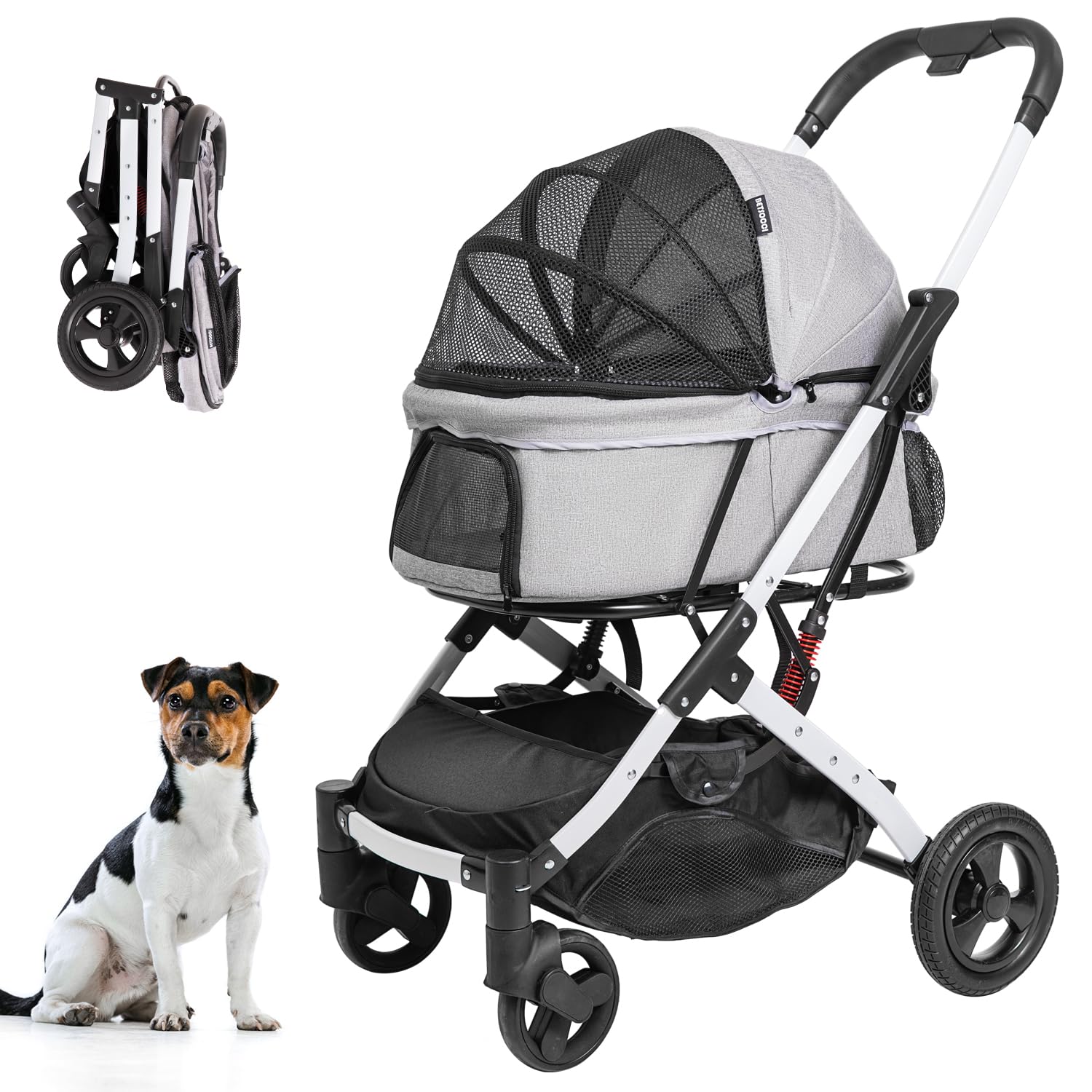 BETSOCCI Pet Stroller for Medium Small Dog & Cat, Foldable Lightweight Dog Stroller with Storage Basket Pet Travel Carriage with Safety Leashes, 4 Wheel, Gray
