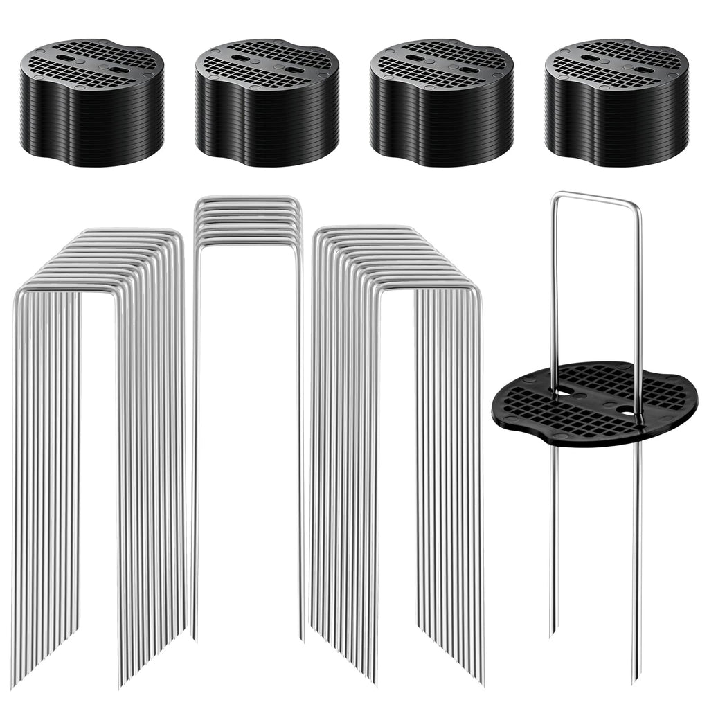 200Pcs Garden Stakes Staples Kit, 100Pcs 6 Inch U-Shaped Landscape Staples, 100Pcs Fixing Gasket for Weed Barrier Fabric, Ground Cover, Holding Fence and Artificial Turf