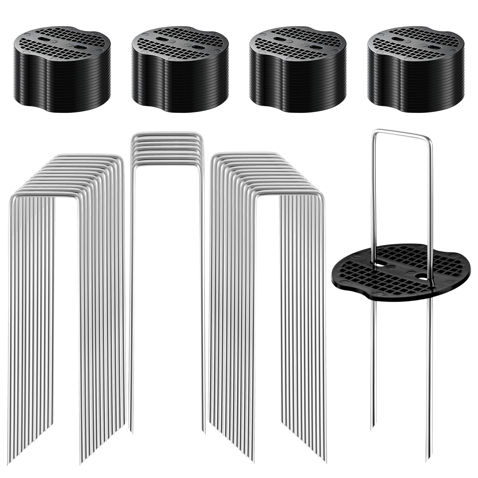 200Pcs Garden Stakes Staples Kit, 100Pcs 6 Inch U-Shaped Landscape Staples, 100Pcs Fixing Gasket for Weed Barrier Fabric, Ground Cover, Holding Fence and Artificial Turf