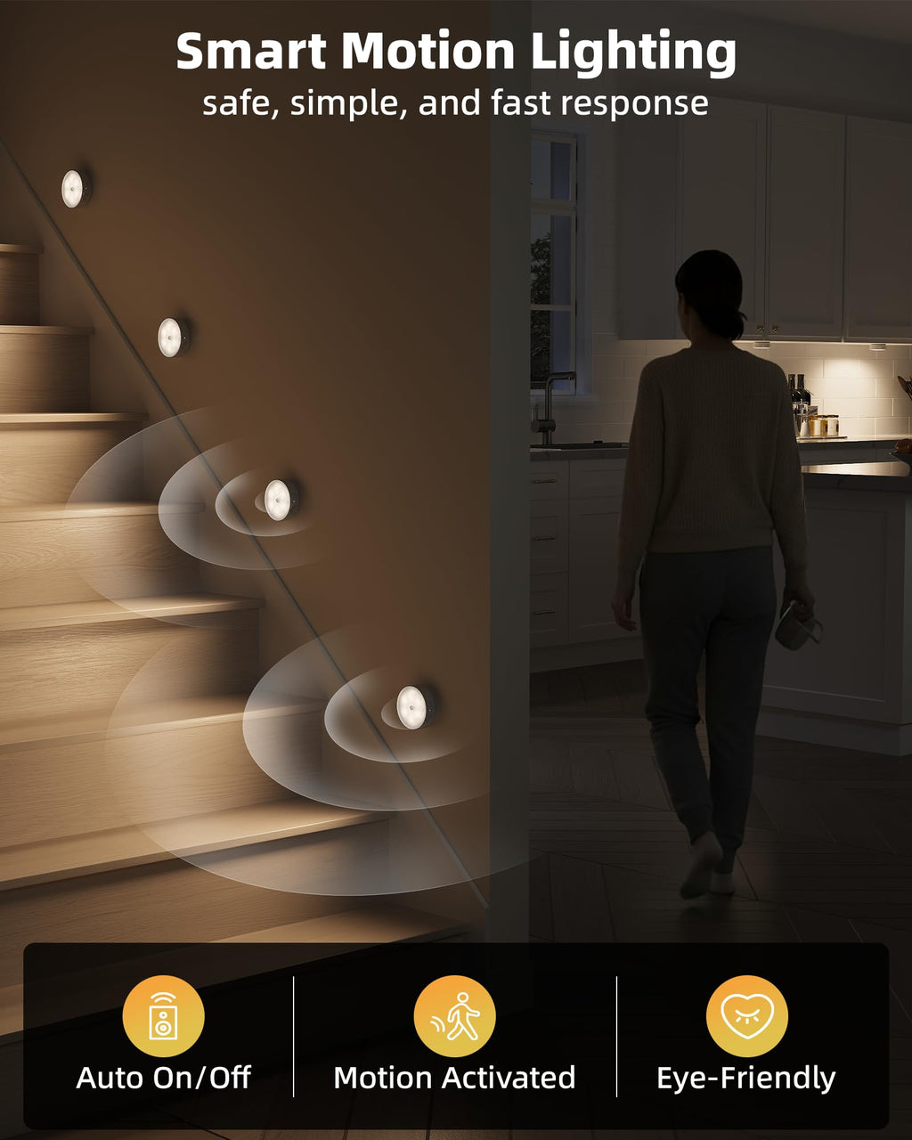 EZVALO 4 Pack Motion Sensor Closet Lights with Charging Station, 1200mAh Rechargeable LED Under Cabinet Lighting, Puck Light, Dimmable, 3 Color Temps, Magnetic, Stick-On for Kitchen, Closet, Stairs