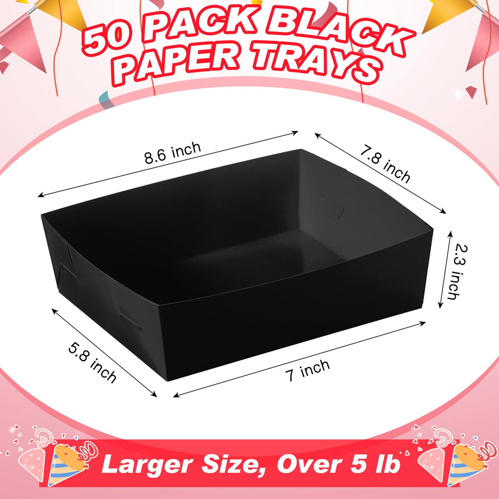 Uiifan 50 Pcs 5 lb Extra Large Paper Food Trays Disposable Food Boat Nacho Plate Serving Snack Trays Grease Resistant Self-assembly for Graduation Birthday Wedding Party Supply (Black)