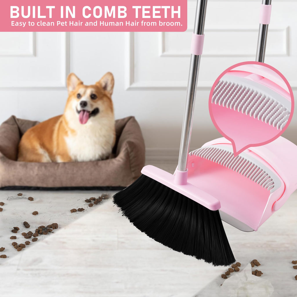 BSKLIN Broom and Dustpan Set House Brooms for Sweeping Indoor Collapsible Broom and Dust Pan Combo for Home Office Kitchen Lobby Floor Pet Hair (Pink)