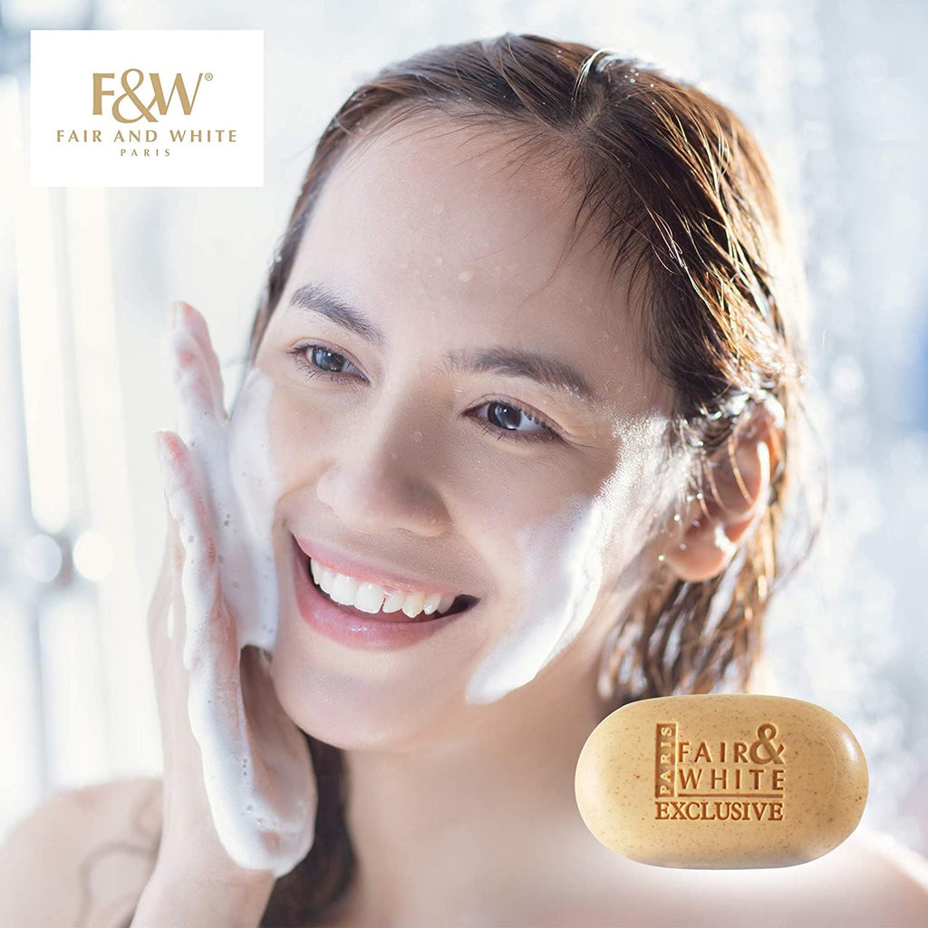 FAIR & WHITE Exclusive Exfoliating Soap - 7 oz / 200 g - Skin Brightening Bar, Moisturizing Soap for Uneven Skin Tone, with Vitamin C and Shea Butter