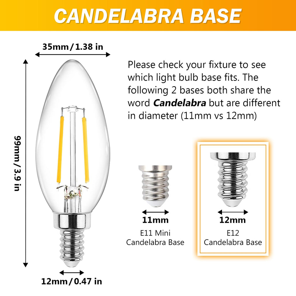Ascher E12 LED Classic Candelabra Clear Light Bulb, 4W, Equivalent 40W, Warm White 2700K, Non-Dimmable, Filament Clear Glass, Pack of 5