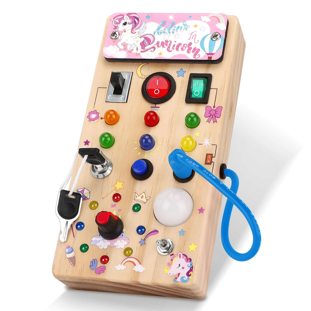 Unicorn Wooden Busy Board Sensory Toys with 8 LED Light switches,Christmas Travel Toys Montessori Toys for 1 Year Old Babies Toodler