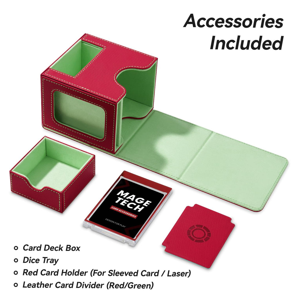 Mage Tech Card Deck Box for MTG Commander - Patented Design, Commander Display, Fits 100 Double-Sleeved Cards, 35pt Card Brick & Dice Tray - Red/Green