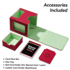 Mage Tech Card Deck Box for MTG Commander - Patented Design, Commander Display, Fits 100 Double-Sleeved Cards, 35pt Card Brick & Dice Tray - Red/Green