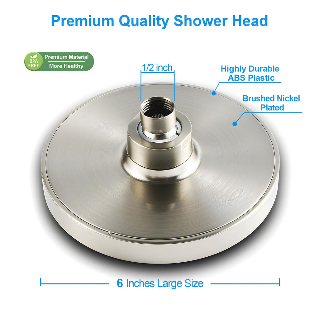 AISINYI High Pressure Rainfall Shower Head, 6 Inches Luxury Showerhead with Perfect Adjustable Replacement, Removable Restrictor, Easy Installation for Your Bathroom Shower Heads (Brushed Nickel)