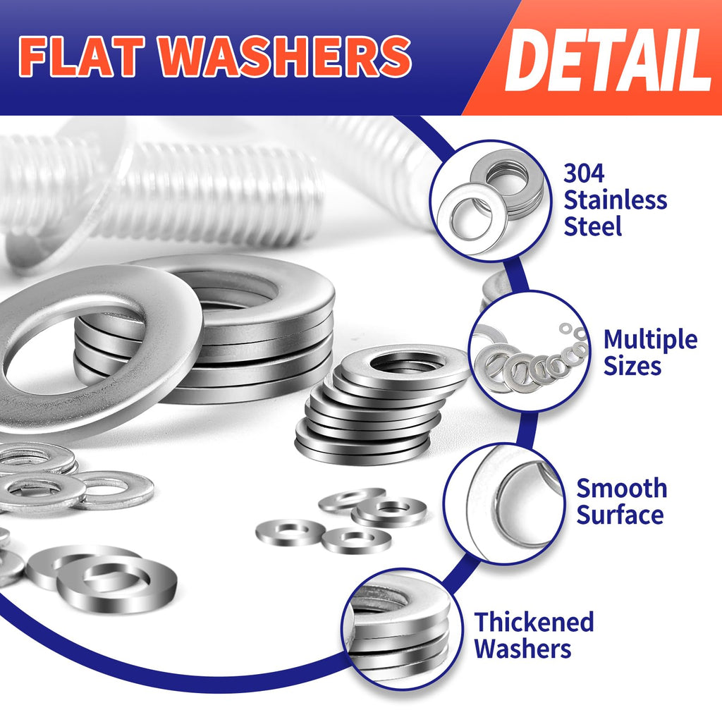 1100 Pcs Flat Washers Assortment Kit – 304 Stainless Steel, 9 Metric Sizes (M2–M12), Metal Washers for Screws and Bolts – Ideal for Automotive, Construction, Industrial, and DIY Use