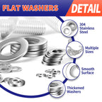 1100 Pcs Flat Washers Assortment Kit – 304 Stainless Steel, 9 Metric Sizes (M2–M12), Metal Washers for Screws and Bolts – Ideal for Automotive, Construction, Industrial, and DIY Use