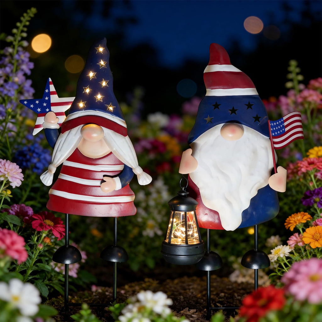 HONGLAND Solar Patriotic Gnomes Garden Stakes - 4th of July Decorations 25" American Flag Garden Gnomes Outdoor Decor for Outdoor & Memorial Day Yard Art 2 Pack
