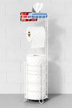 Goozii White Toilet Paper Holder Stand with Shelf, Free Standing Bathroom Tissue Holder for Large Mega Rolls, Metal Floor Toilet Paper Roll Holder with Wipes Storage and Phone Tray (White)