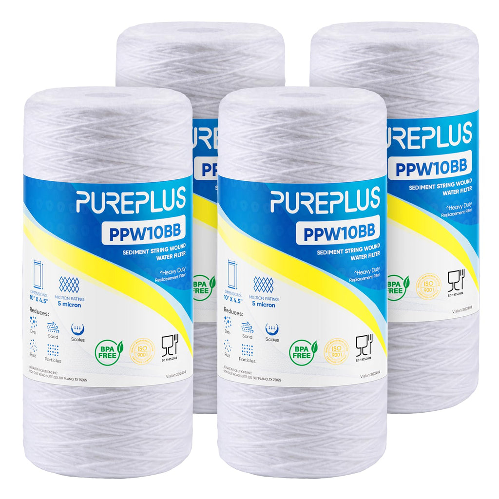 PUREPLUS 5 Micron 10 x 4.5 Whole House String Wound Sediment Filter for Well Water, Replacement Cartridge for 84637, WPX5BB97P, PC10, 355214-45, 355215-45, WP10BB97P, WP5BB97P, 4Pack