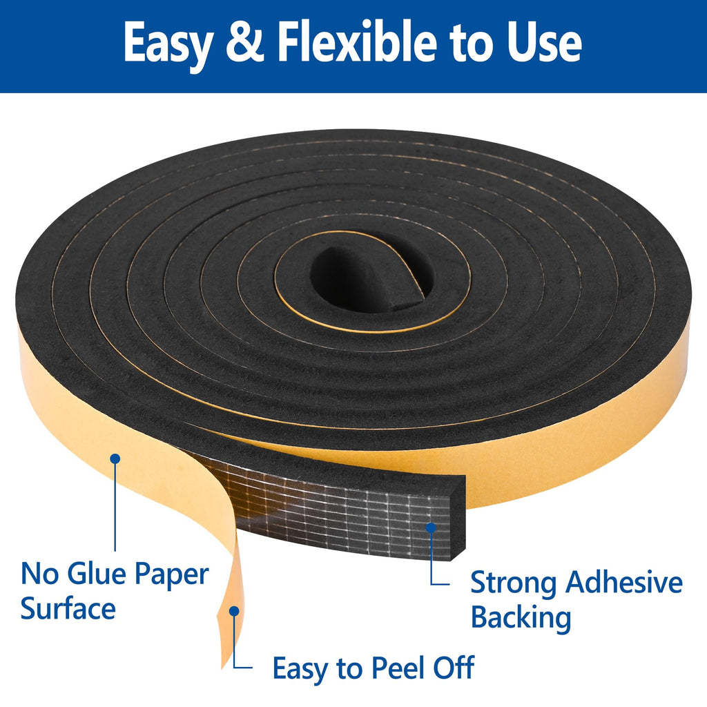 Self Adhesive Foam Tape Weatherstrip 1in x 3/8in x 33Ft High Density Foam Insulation Strips Foam Seal Weather Stripping with Strong Adhesive for Door and Window Sound Isolation Soundproofing
