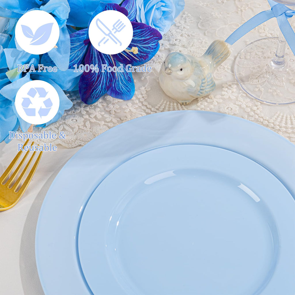 FLOWERCAT 60PCS Light Blue Heavy Duty Plastic Disposable Party Plates Set – 30pcs 10.25″ Dinner & 30pcs 7.5″ Dessert Plates – Durable Blue Tableware for Easter Parties, Wedding, BBQ & Baby Shower