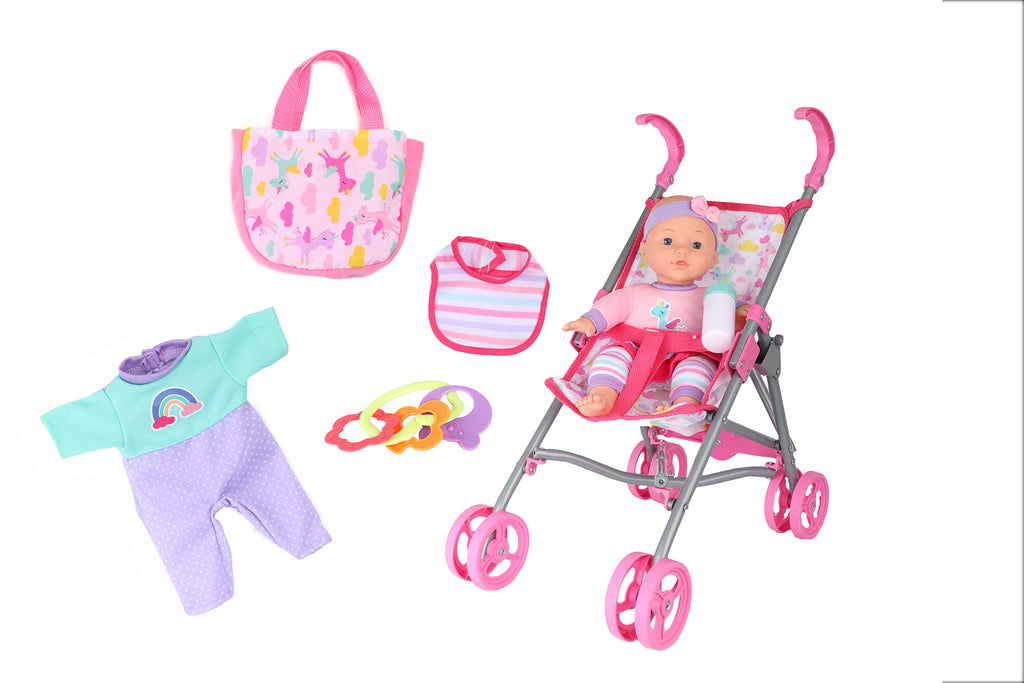 Dream Collection, Baby Doll Care Gift Set with Stroller - Lifelike Baby Doll and Accessories for Realistic Pretend Play, Posable Soft Toy - 12”
