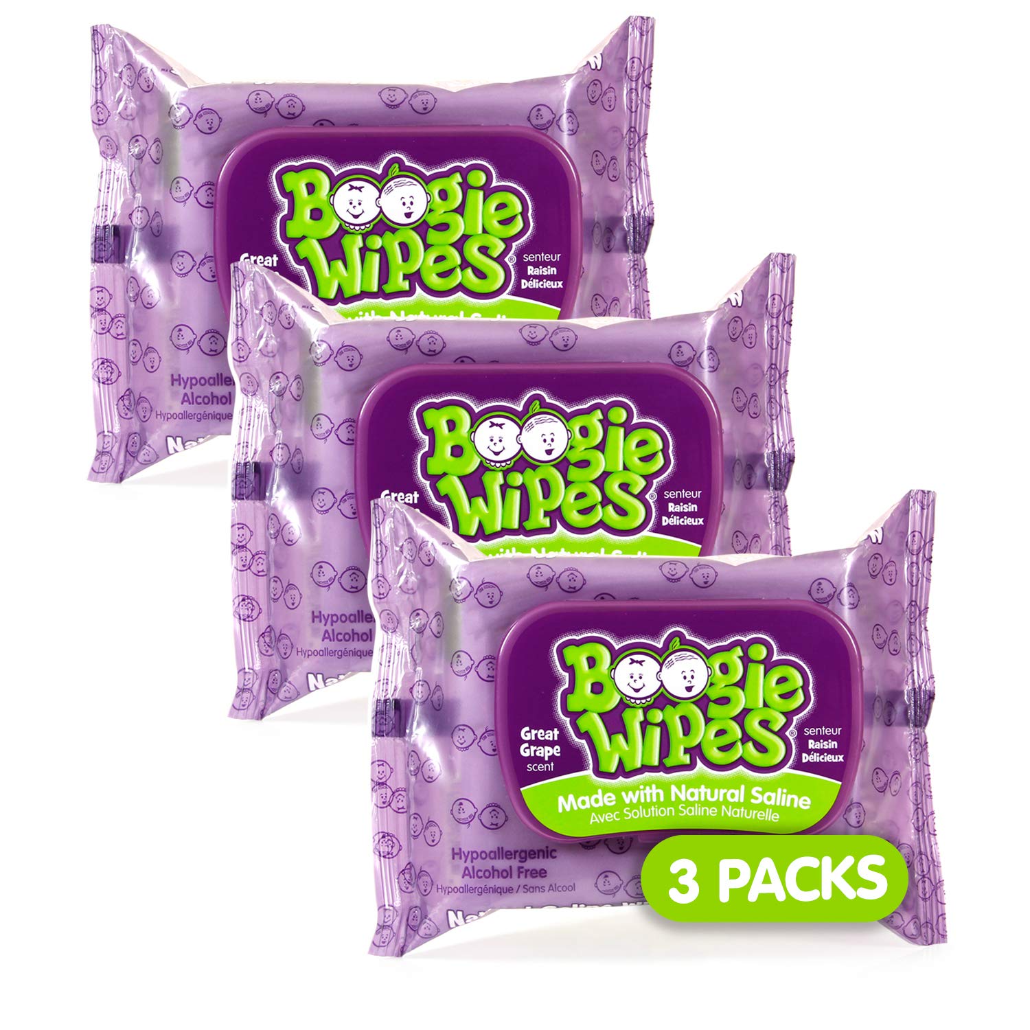Saline Nose Wipes by Boogie, for Baby & Kids, Face, Hand & Body, Made with Vitamin E, Aloe, and Natural Saline, Grape Scent, 30 Count (Pack of 3)