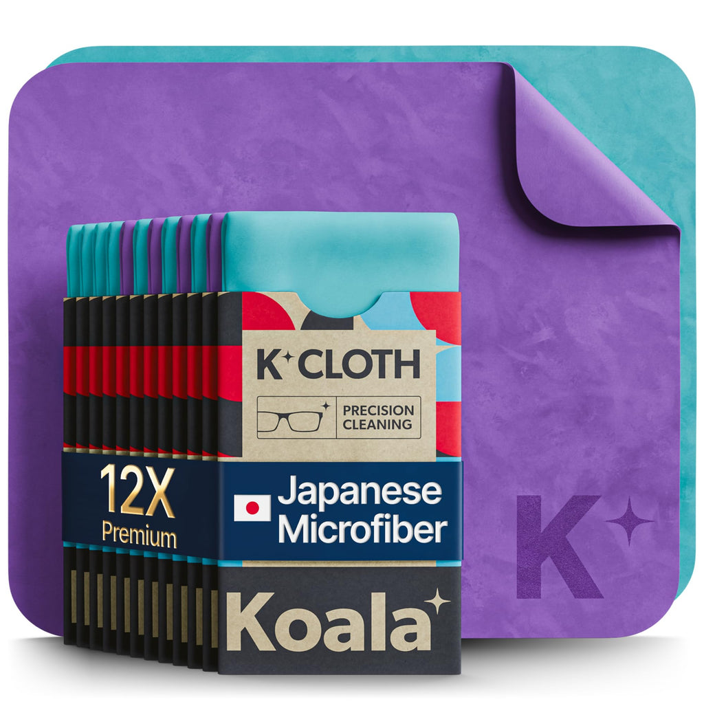 Koala Lens Cleaning Cloth | Japanese Microfiber | Glasses Cleaning Cloths | Eyeglass Lens Cleaner | Eyeglasses, Camera, VR/AR Headset, and Screen Cleaner | Blue & Purple (Pack of 12)