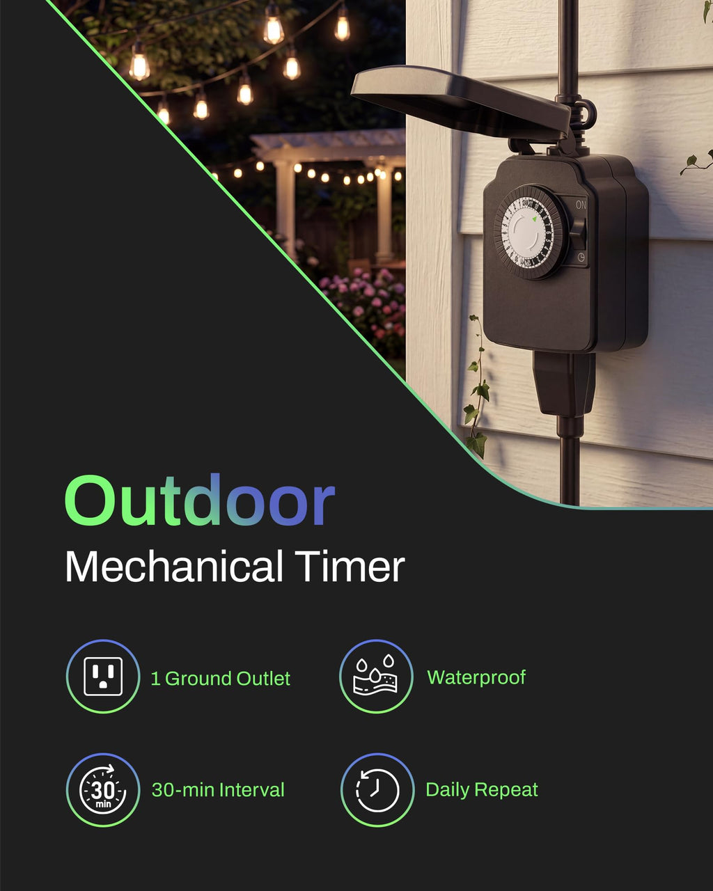 BN-LINK Outdoor 24-Hour Mechanical Timer Outlet, 1 Grounded Outlet, 2 Pack