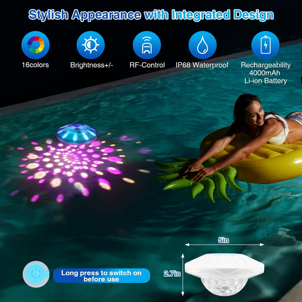 BOXPSII Floating Pool Lights(2 Pack), Pool Lights IP68 Waterproof, Rechargeable RGB Upper and Lower Color Changing Pool Floating Light with 6 Dynamic Lighting, Floating Light for Pool, Garden,Paths