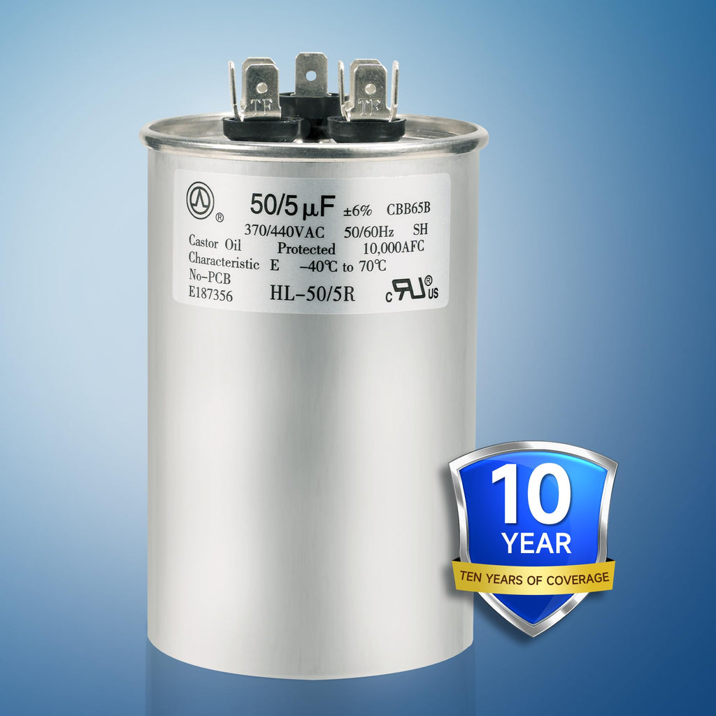 QYCKFIXR AC Capacitor 50+5 uF 50/5 MFD ±6% 370V/440VAC CBB65 Dual Run Circular Start Capacitor for Heat Pump Air Conditioner，Ten Years of Coverage