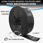 Poolvio Backwash Hose 2" x 50 ft, Heavy-Duty Lay-Flat Reinforced PVC Discharge Hose with 2 Stainless Steel Thumb Screw Clamps, Leak-Resistant for Inground & Above-Ground Pool Filters