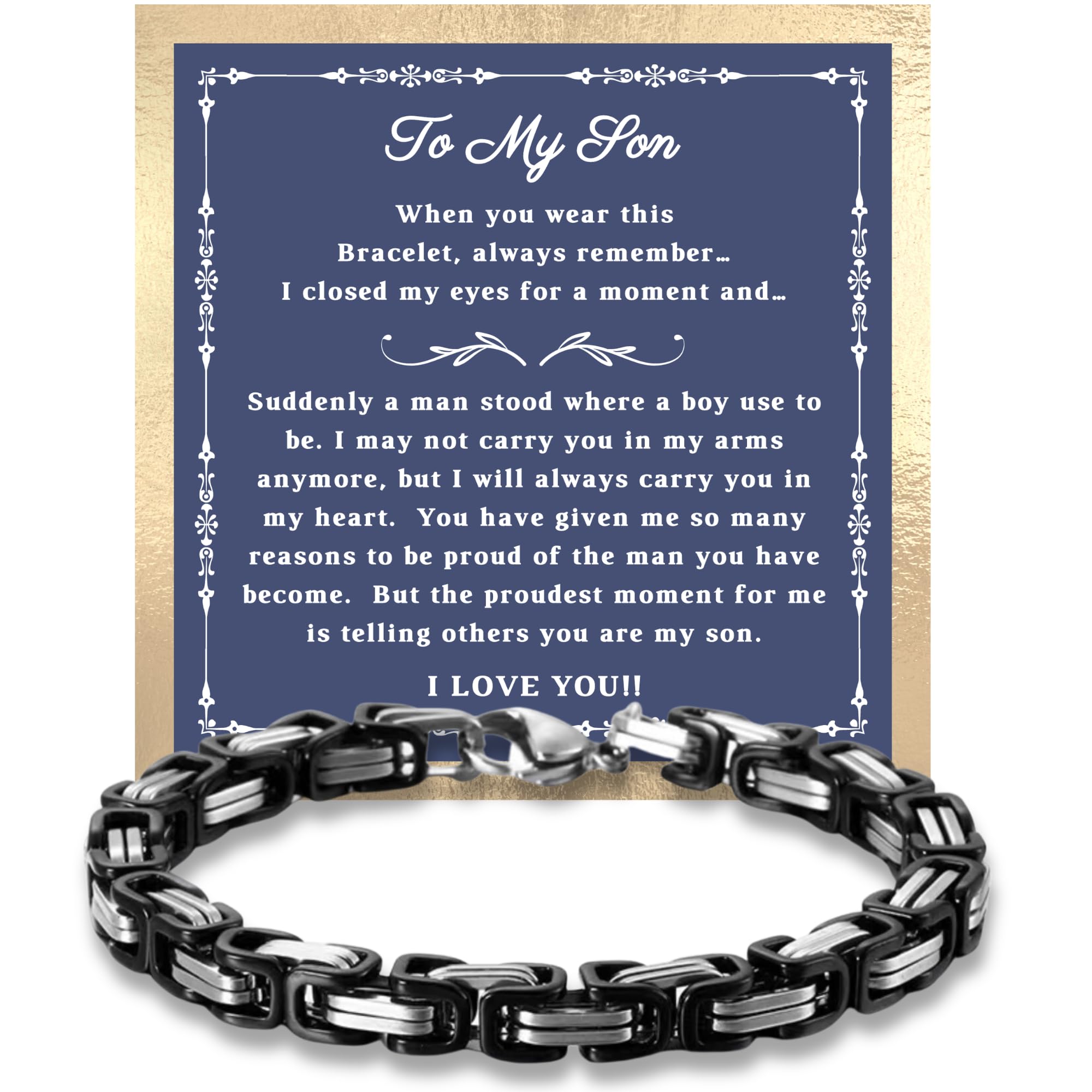 Printed Art Therapy To My Son Bracelet from Mom and Dad, I Love You Gift, Mother & Father Son Bracelet, Sentimental Gifts from Parents, Graduation Gift for Him (Silver/Black)