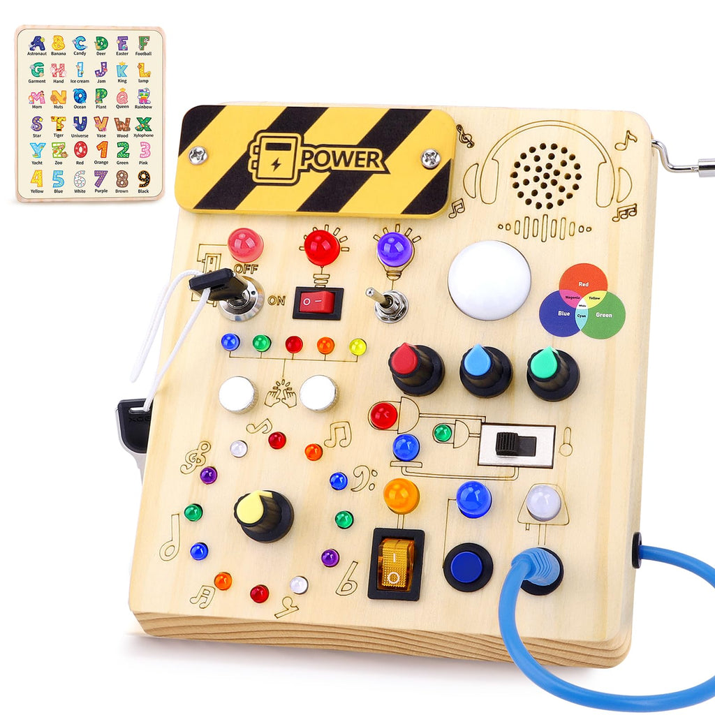 Iabedi Busy Board,Montessori Toys for 1-3 Years Old, Wooden Toddler Toy, Autism Sensory Travel Toys, Ideal Gift for 1+ Year Old Boys (Busy Board v5)