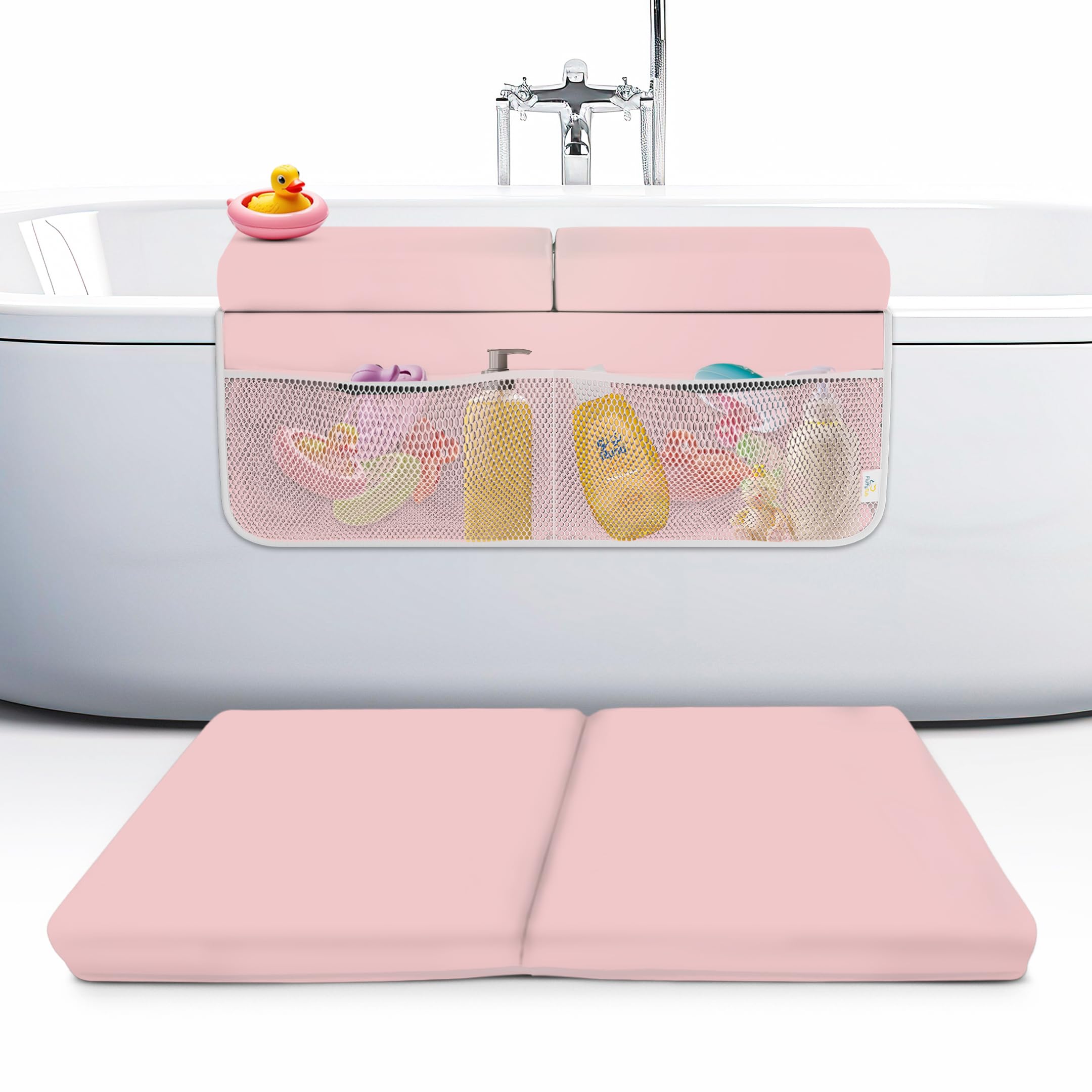 Memory Foam Bath Kneeler and Elbow Rest Pad Set, 2-Inch Thick, Water-Resistant Mat – Baby Bath Time Essentials Cushion and Bath Kneeling Pad for Bathing Baby with Bathtub Toy Organizer (Pink)