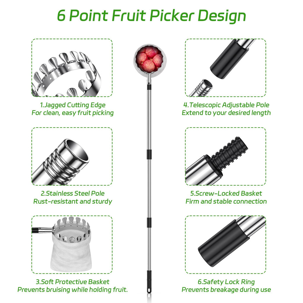BURMONG 13.8 FT Telescoping Fruit Picker Pole with Soft Basket, Long Reach Tree Fruit Harvester Tool for Apple, Mango, Orange & More, Extendable Fruit Picking Tool for Garden Orchard
