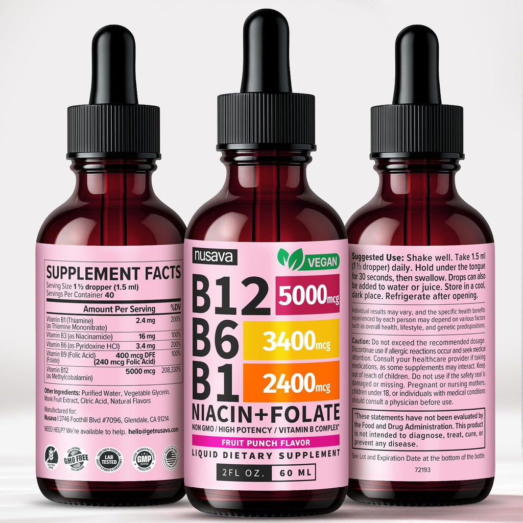 (2 Pack) Vitamin B12 and B6 Liquid Drops, B12 Sublingual Vitamin B Complex - B 12 Vitamin 5000mcg - B12 Methylcobalamin for Energy, Brain, and Heart Support with 27,200 mcg, Fruit Punch, 80 Servings