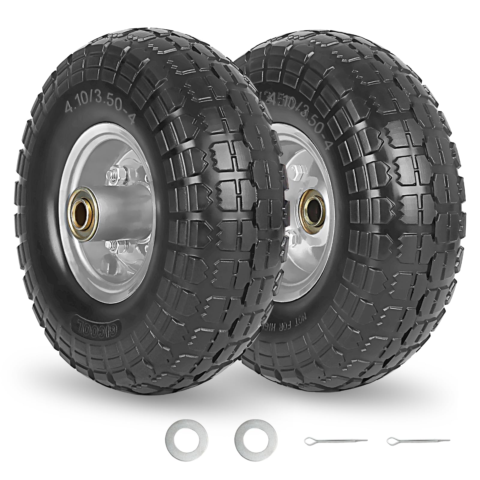 GICOOL 4.10/3.50-4" Flat Free Tire and Wheel, 10" Heavy Duty Solid Tire, 5/8" Axle Bore Hole, 2.2" Offset Hub, for Hand Truck Garden Cart Wagon Trolley Dolly, 2 Pack