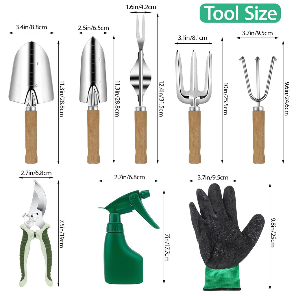 LeMotech Garden Tool Set,10 Pieces Heavy Duty Gardenting Tool Kit, Folding Stool with Detachable Tote Bag, Thicker Stainless Steel Tools (Trans-Planter,Trowel,Weeder etc.) for Women Men