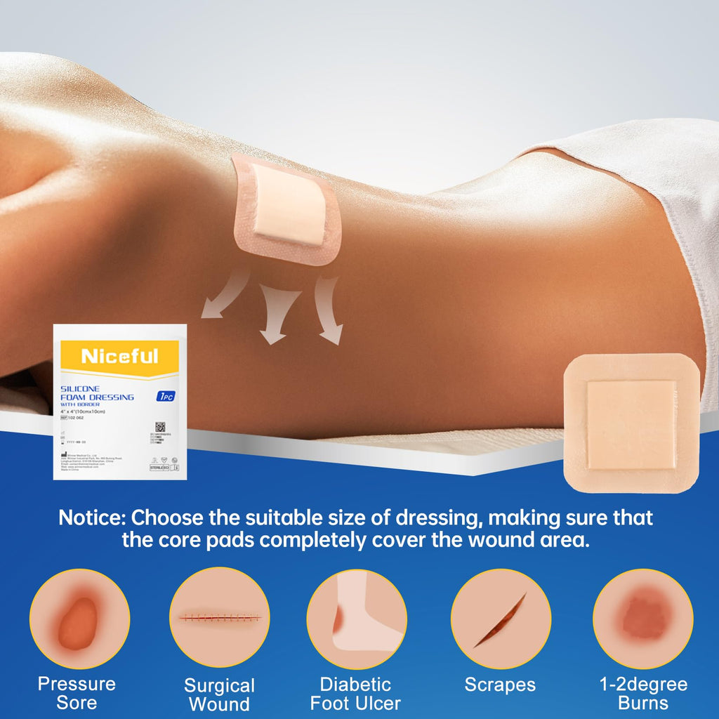 Silicone Foam Dressing 4"x4"(10 PCS), Waterproof Silicone Large Bandages for Wound with Border Adhesive, High Absorbency Bed Sore Bandages Wound Care Dressing (2.5"X2.5" Pad)
