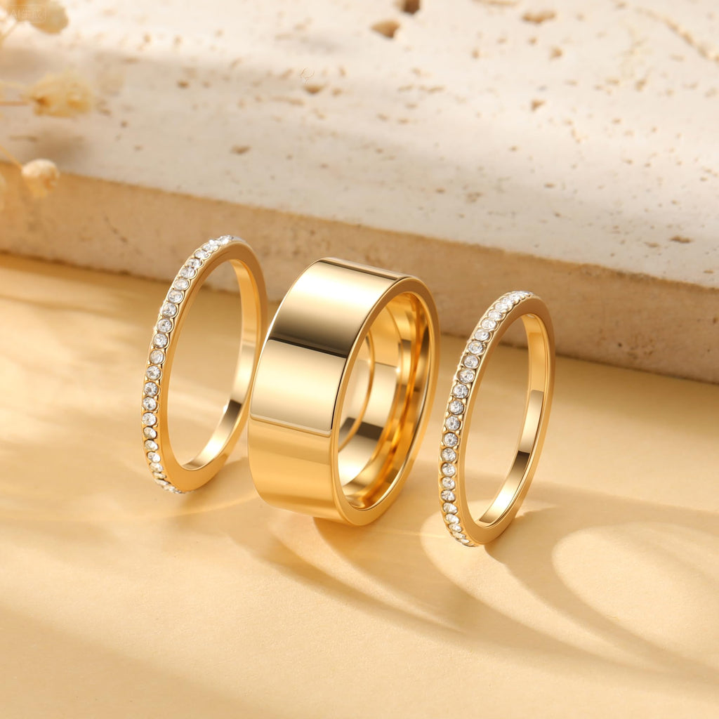 GWH Trendy 3-Pack Stackable Rings for Women - 18K Gold Plated Cubic Zirconia Simulated Diamond Oura Stack Rings for Women Size 7